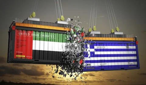 Cargo containers with flags of UAE and Greece Stock Illustration
