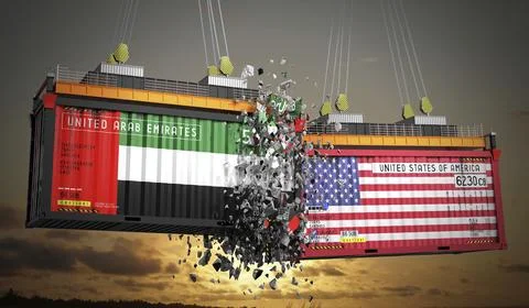 Cargo containers with flags of UAE and USA Stock Illustration