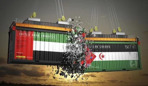 Cargo containers with flags of UAE and Western Sahara Stock Illustration