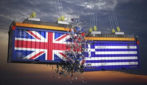Cargo containers with flags of UK and Greece Stock Illustration