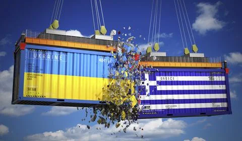 Cargo containers with flags of Ukraine and Greece Stock Illustration
