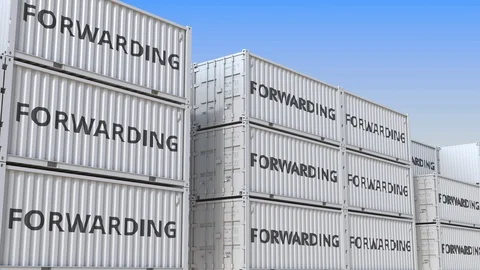Cargo containers with FORWARDING text. Loopable 3D animation Stock Footage 116350903