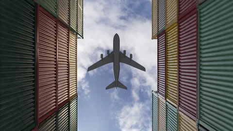 Cargo Containers Framing Airplane in Flight Overhead 3D render animation 動画素材 332653845