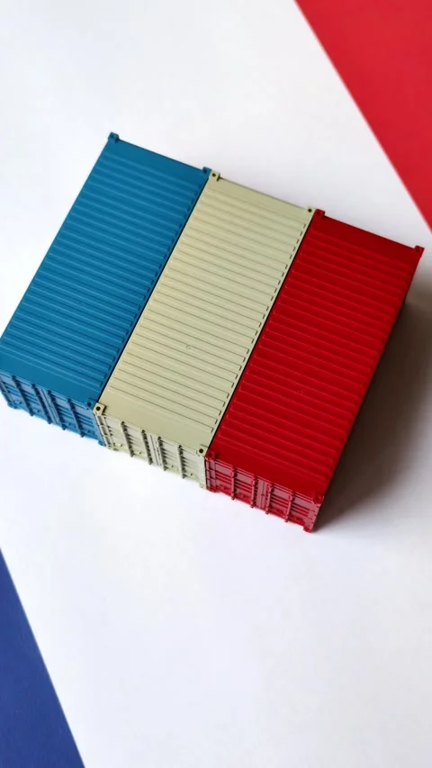 Cargo containers on the French flag as a conceptual backdrop for goods export an Stock Footage 346552042