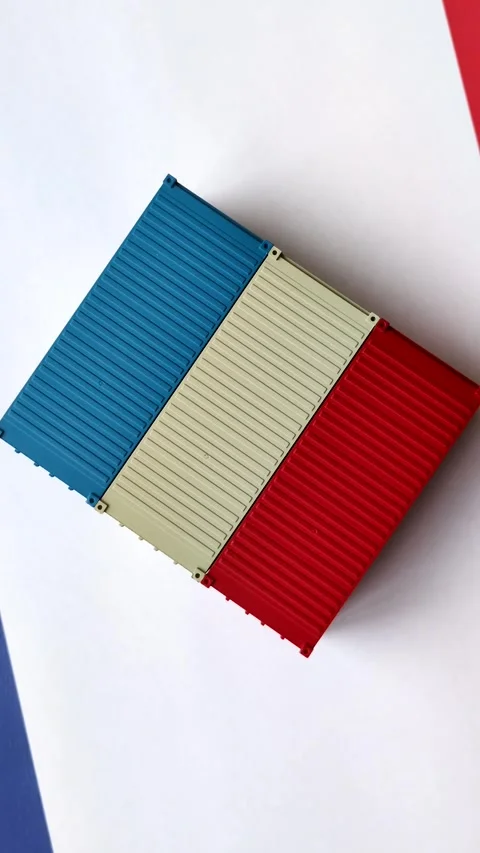 Cargo containers on the French flag as a conceptual backdrop for goods export an Stock Footage 346552047
