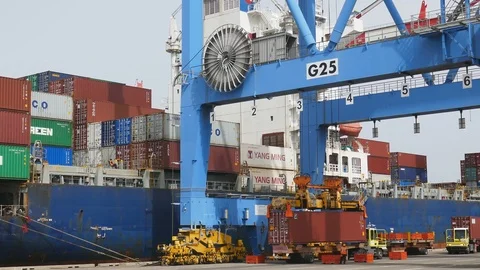 Cargo containers loading to cargo ship by crane in port terminal 4k intro outro  Stock-Footage 89788972