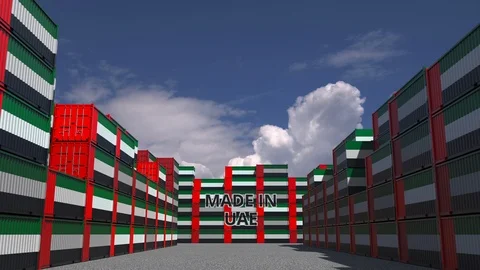 Cargo containers with MADE IN UAE text and national flags. Import or export Stock Footage 122102145