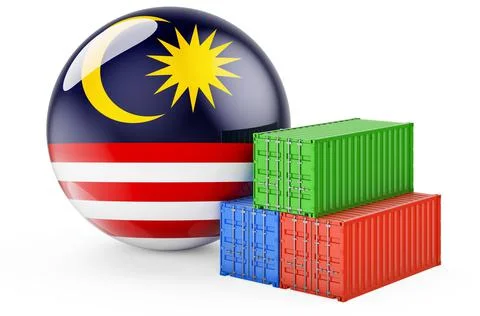 Cargo containers with Malaysian flag. Freight shipping in Malaysia, 3D render Illustrazione stock