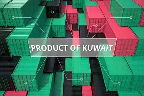 Cargo containers with products of Kuwait. Logistics related 3D rendering Illustrazione stock
