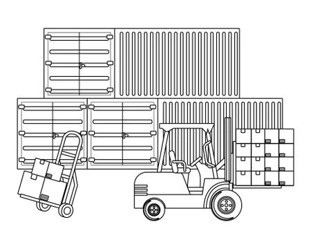 Cargo containers with pushcart in black and white Stock Illustration