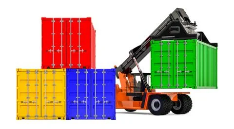 Cargo containers with reach stacker, 3D rendering 库存插图