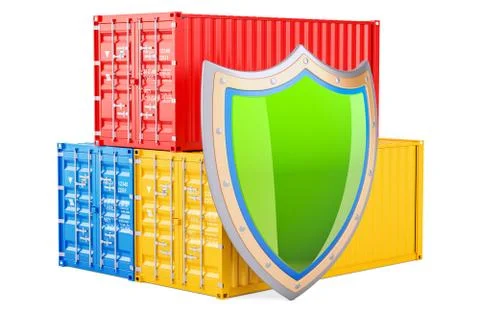 Cargo containers with shield, insurance and protect delivery concept. 3D rend Stock Illustration