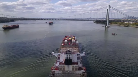 Cargo containers ship arriving to New York Stock-Footage 240685628