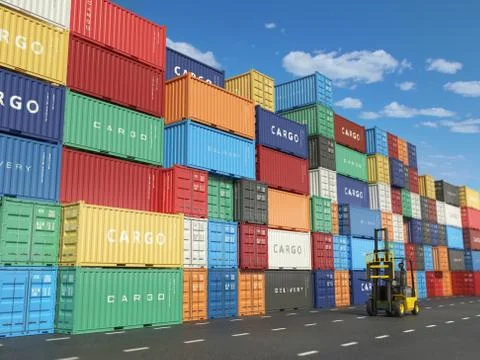 Cargo containers in shipping yard and forklift. Delivery shipping logistic .. Illustrazione stock