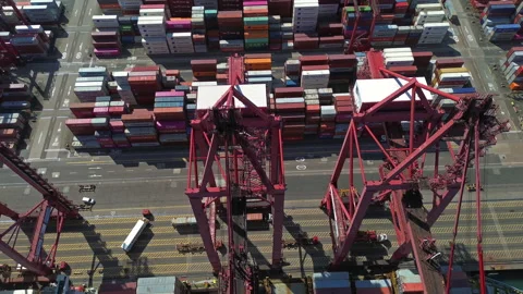 Cargo containers stacked during unloading at shipping dock Stock Footage 335551045