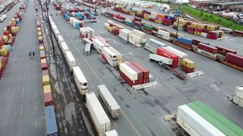 Cargo Containers Stacked in Industrial Yard after storm, Aerial Drone Stockbeeldmateriaal 196886403