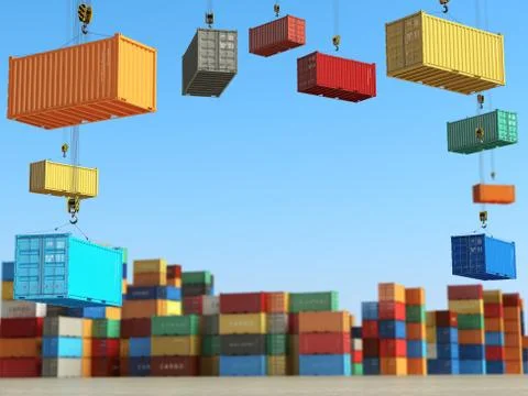 Cargo containers in storage area with forklifts. Delivery  or shipping backgr Ilustración de archivo