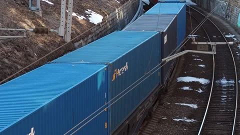 Cargo Containers Transportation On Freight Train By Railway. Vladivostok, Russia Stock Footage 236190508