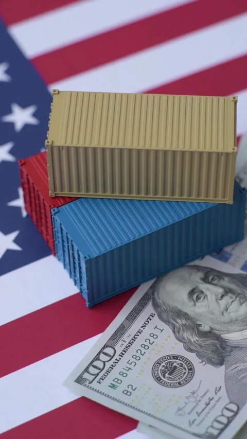 Cargo containers on the US flag as a conceptual backdrop for goods export and lo Stock Footage 326333428