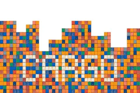 Cargo containers with white containers showing the word Cargo Stock Photos