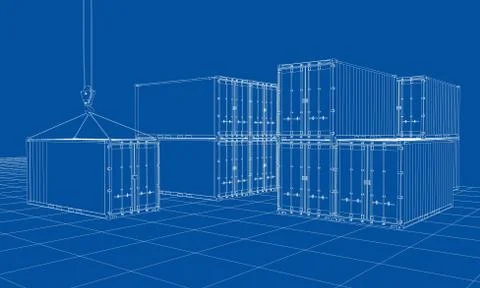 Cargo containers. Wire-frame style 库存插图