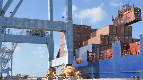 Cargo crane ship unloading industrial business line by cranes 4k Stock Footage 108461972