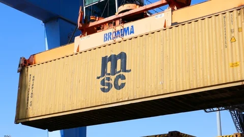 Cargo crane working stock of containers in the port 4k intro video for business Stock Footage 92141106