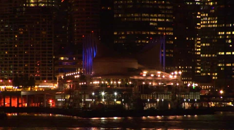 Cargo Cranes and City Lights in Downtown Seattle Stock Footage 33604963