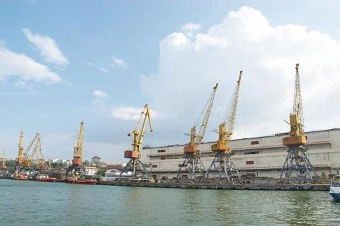 Cargo cranes on rails 스톡 사진