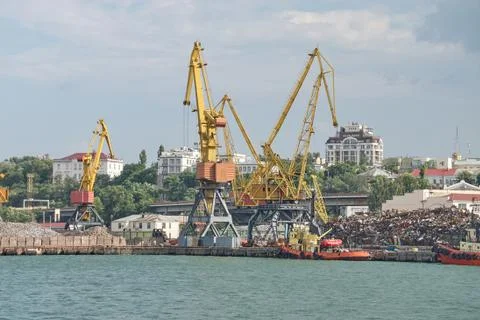 Cargo cranes on rails 스톡 사진