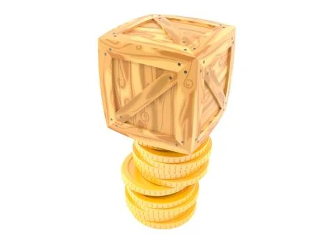 Cargo crate with stack of coins 库存插图
