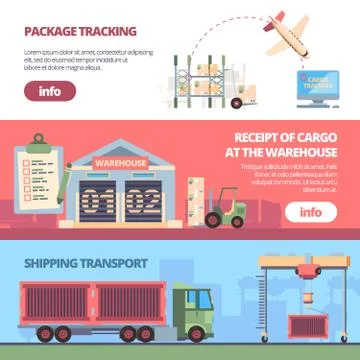Cargo delivery banners. loading trailer in warehouse aircraft transportation  Stock Illustration
