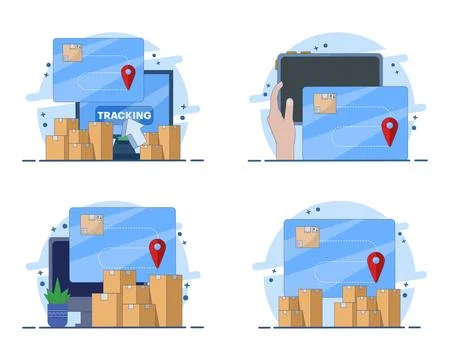 Cargo delivery illustration set featuring parcel tracking routes Stock Illustration