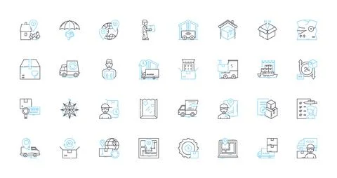 Cargo delivery linear icons set. Logistics, Shipping, Freight, Transportation Illustration