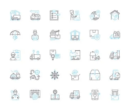Cargo delivery linear icons set. Logistics, Shipping, Freight, Transportation 스톡 일러스트