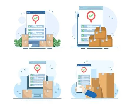 Cargo delivery set, mobile logistics tracking, parcel shipment. Stock Illustration