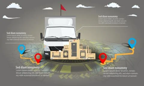 Cargo delivery truck infographic with stack of cardboard boxes. Navigation map Stockillustratie