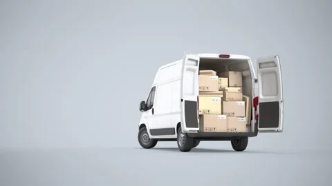 Cargo delivery van with open backdoor full of cardboard boxes and packages. Stock Footage 300900374