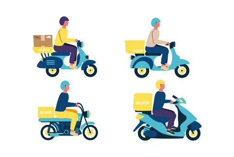 Cargo deliverymen and boxes on different motorcycles boxes labeled Illustrazione stock