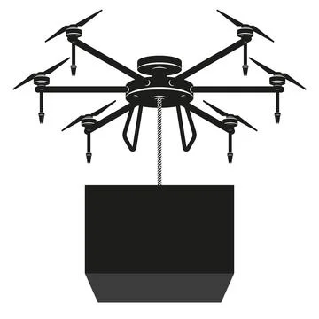 Cargo drone that delivery a heavy box hanging from a rope, simple black hex.. Stock Illustration