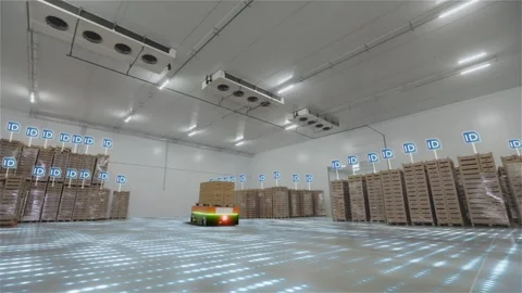 Cargo drones working in a smart warehouse. Autonomous mobile robots transport Video stock 333705507