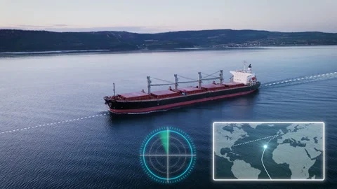 Cargo dry bulk ship in sea with AI Logistic and transportation technology Stock Footage 340193513
