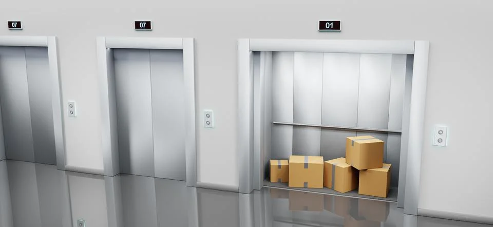 Cargo elevator with cardboard boxes in open silver cabin and closed service lift Stock Illustration