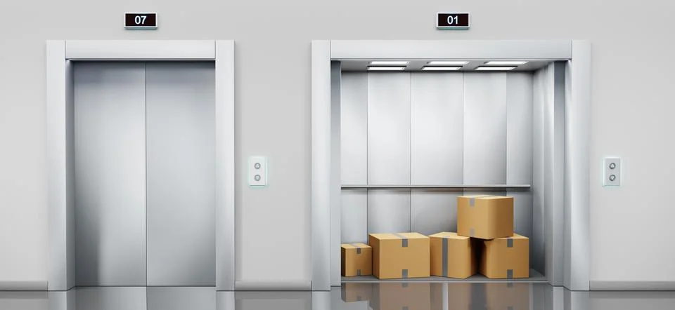 Cargo elevator with cardboard boxes in open cabin and service lift with closed Stock Illustration