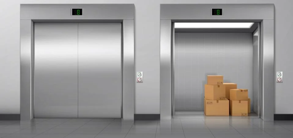 Cargo elevators with cardboard boxes Illustrazione stock