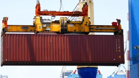 Cargo freight crane working with ship 4k intro video for business Stock Footage 91135164