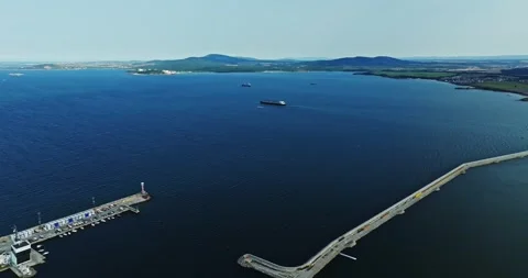 Cargo Freight Ship Exiting Port Area Against Current Black Sea Aerial Follow 库存影片 289418573