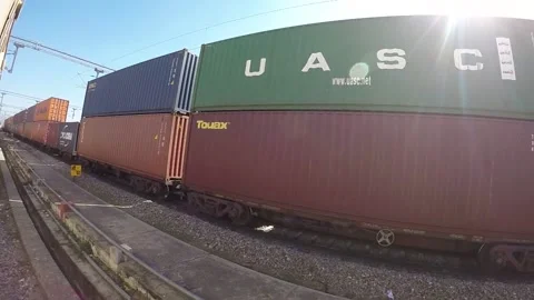 Cargo freight train full of industrial containers box import export commerce Stock Footage 145679551