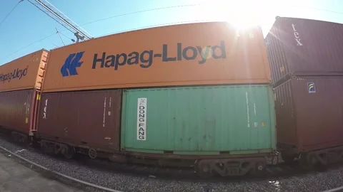 Cargo freight train full of industrial containers box import export commerce Stock Footage 145679553
