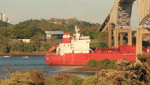 Cargo Freighter Passes Under a Bridge in Panama Stock Footage 1239911